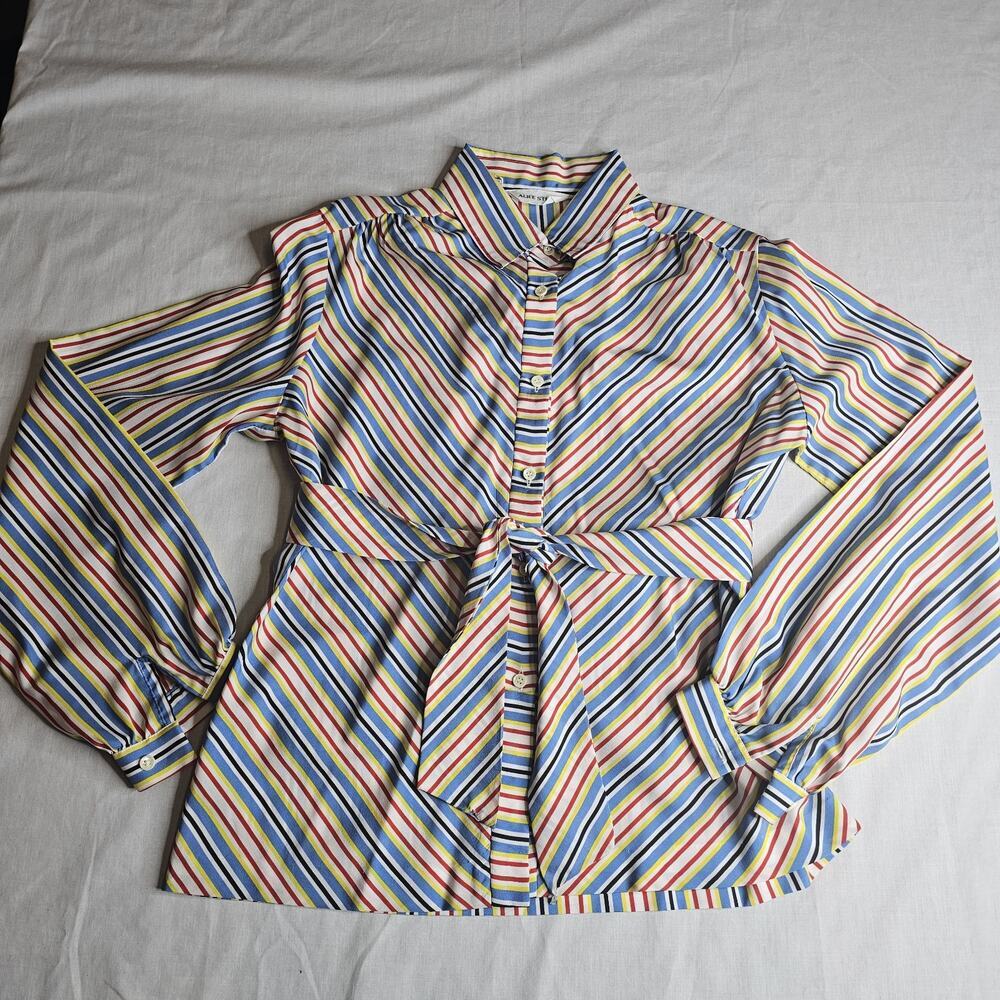 Vtg Long Sleeve Disco Striped Alice Stuar Collar Button Up Blouse w/Belt Sz. 10